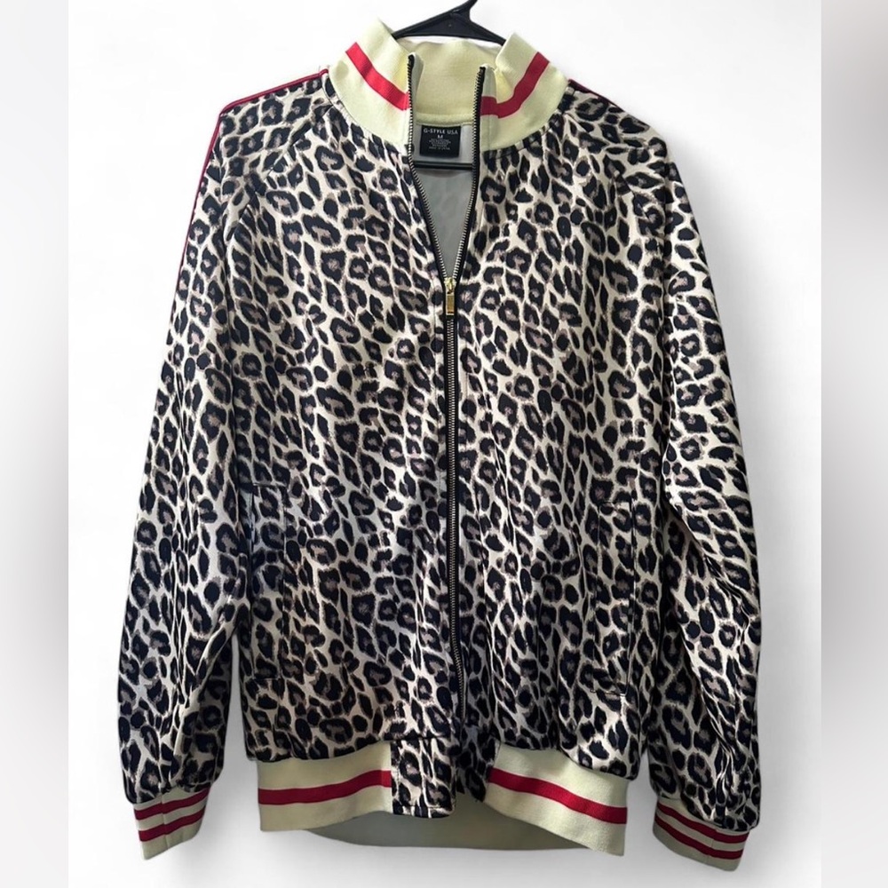 G-Style Leopard Print Tracksuit Bomber Jacket with Red & Cream Stripes